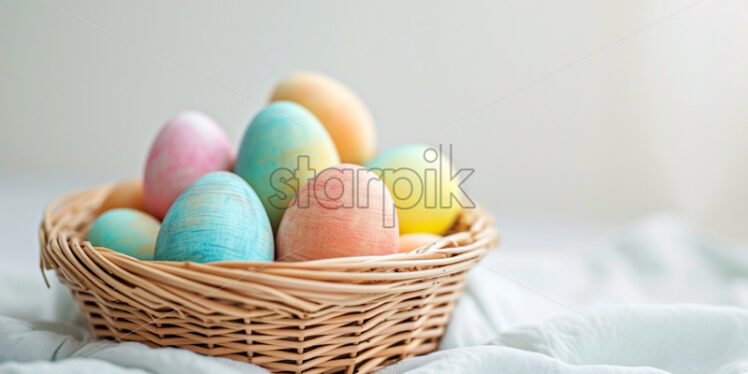 Easter postcard with pastel rainbow eggs in a wicker basket  - Starpik Stock