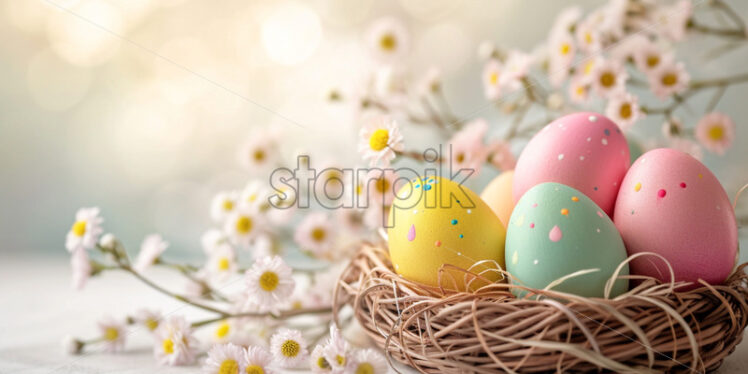 Easter postcard with pastel rainbow eggs in a wicker basket  - Starpik Stock