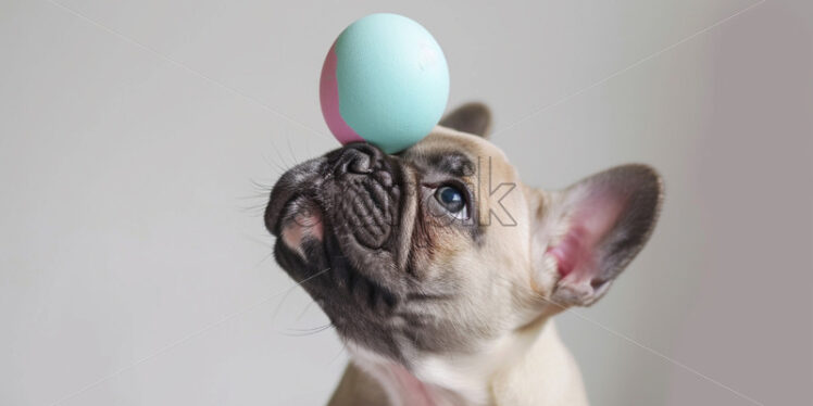 Easter postcard with playful french bulldog puppy attempting to balance a painted egg on her nose - Starpik Stock