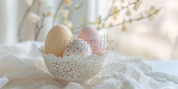 Easter postcard with polka-dot eggs in a vintage container on a lace doily  - Starpik Stock