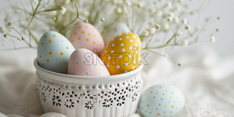 Easter postcard with polka-dot eggs in a vintage container on a lace doily  - Starpik Stock