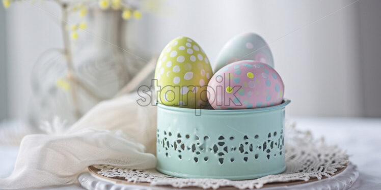 Easter postcard with polka-dot eggs in a vintage container on a lace doily  - Starpik Stock