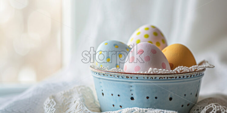 Easter postcard with polka-dot eggs in a vintage container on a lace doily  - Starpik Stock