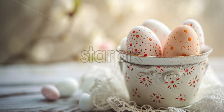 Easter postcard with polka-dot eggs in a vintage container on a lace doily - Starpik Stock