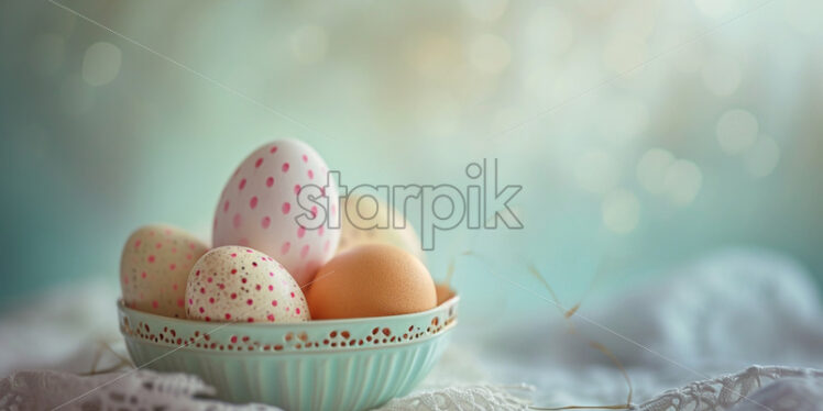 Easter postcard with polka-dot eggs in a vintage container on a lace doily - Starpik Stock