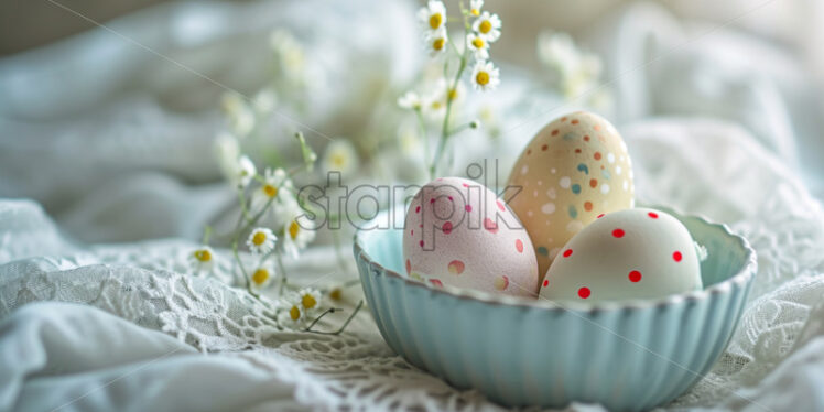 Easter postcard with polka-dot eggs in a vintage container on a lace doily - Starpik Stock