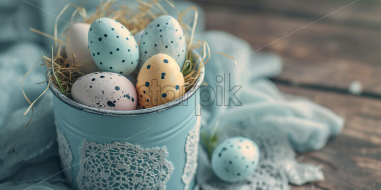 Easter postcard with polka-dot eggs in a vintage container on a lace doily - Starpik Stock