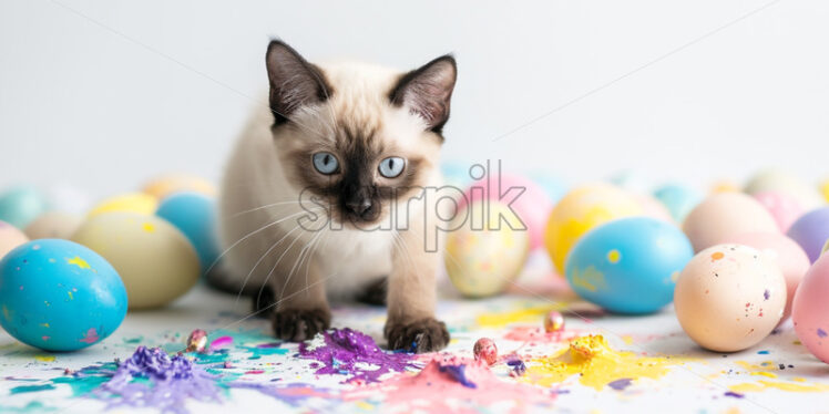 Easter postcard with siamese cat surrounded by spilled paint and half-painted easter eggs - Starpik Stock