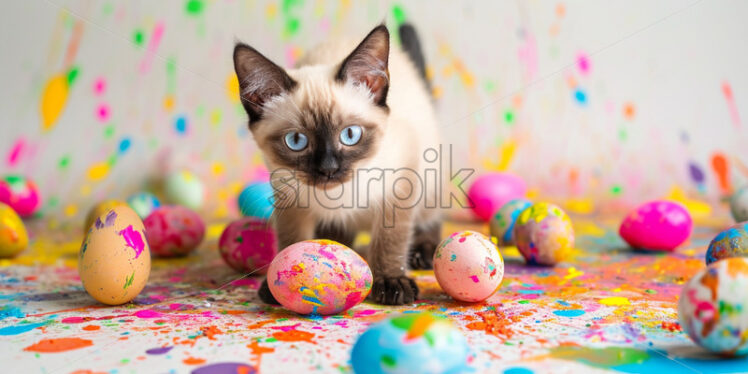 Easter postcard with siamese cat surrounded by spilled paint and half-painted easter eggs - Starpik Stock