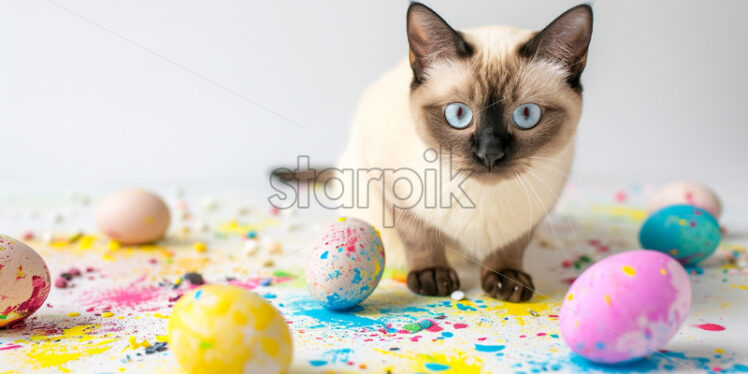 Easter postcard with siamese cat surrounded by spilled paint and half-painted easter eggs - Starpik Stock