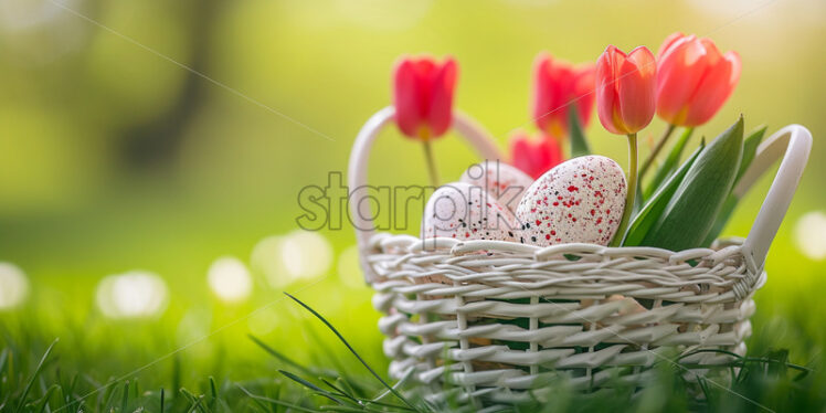 Easter postcard with tulips and speckled eggs in a white basket on grass - Starpik Stock