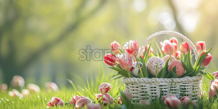 Easter postcard with tulips and speckled eggs in a white basket on grass - Starpik Stock