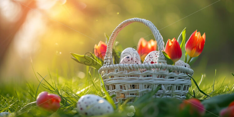 Easter postcard with tulips and speckled eggs in a white basket on grass - Starpik Stock