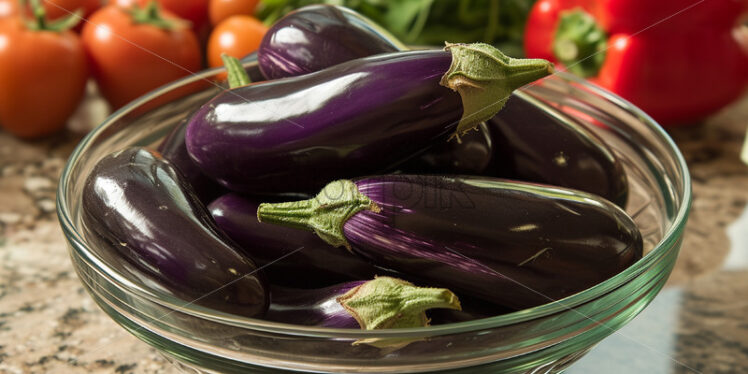 Eggplant in a glass bowl on the table - Starpik Stock