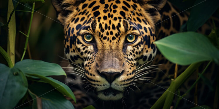 Elusive jaguar stealthily prowling through dense underbrush, eyes fixed on potential prey - Starpik Stock