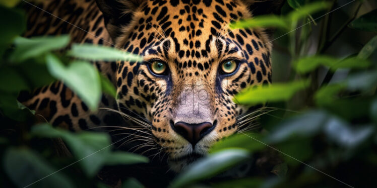 Elusive jaguar stealthily prowling through dense underbrush, eyes fixed on potential prey - Starpik Stock