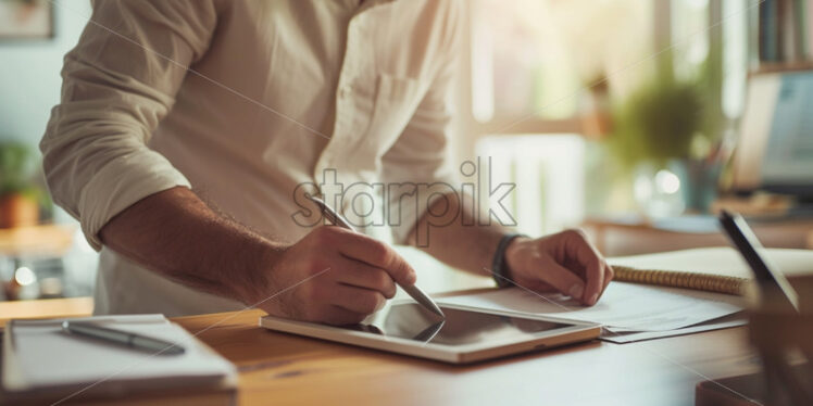 Employee at a standing desk, working on a tablet and taking notes - Starpik Stock