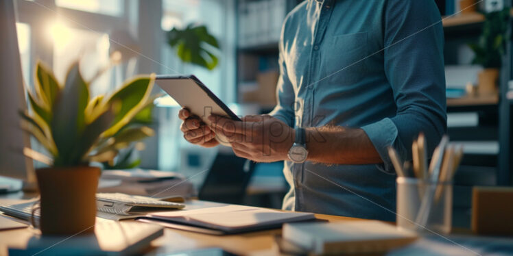 Employee at a standing desk, working on a tablet and taking notes - Starpik Stock