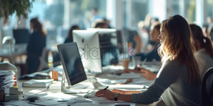 Employee at desk, multitasking with dual monitors - Starpik Stock