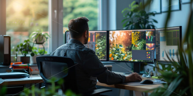 Employee at desk, multitasking with dual monitors - Starpik Stock