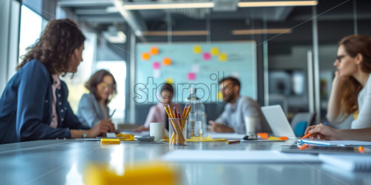 Employees collaborating at a conference table, brainstorming ideas on a whiteboard - Starpik Stock