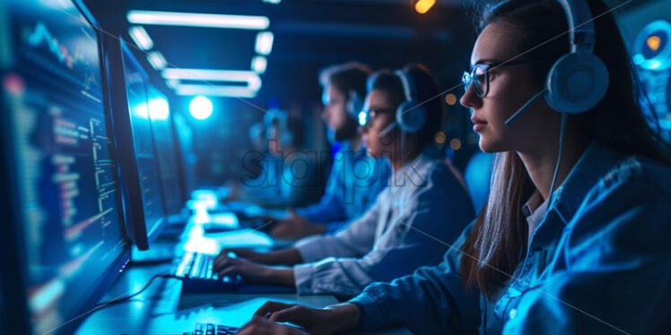 Engineer team working with computers in a futuristic office - Starpik Stock