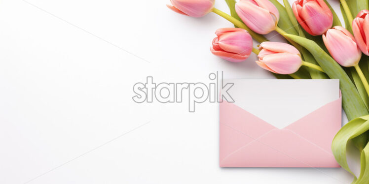  Envelope with spring tulip flowers on isolated white background - Starpik Stock