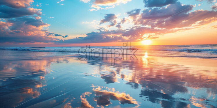 Epic beach background with sky reflections, romantic relaxing beauty nature - Starpik Stock