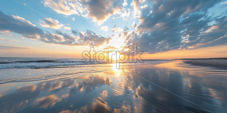 Epic beach background with sky reflections, romantic relaxing beauty nature - Starpik Stock