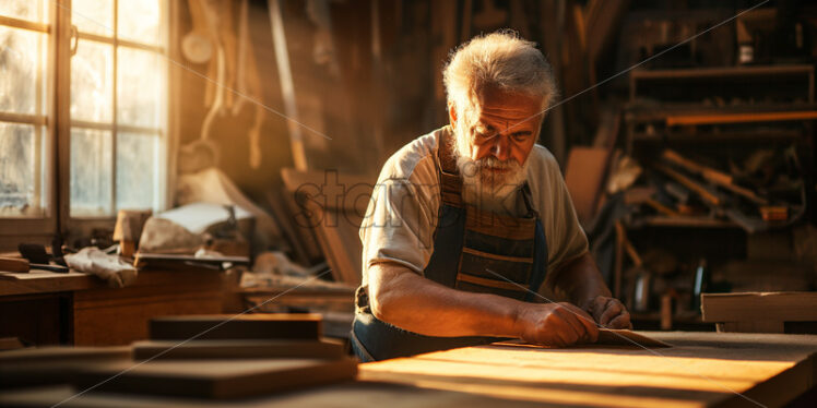 Experienced 50-year-old carpenter in action, morning sunlight. - Starpik Stock