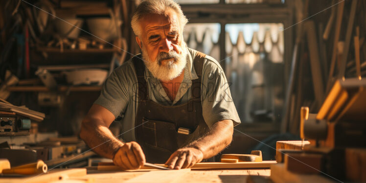 Experienced carpenter measuring wood, morning sunlight - Starpik Stock