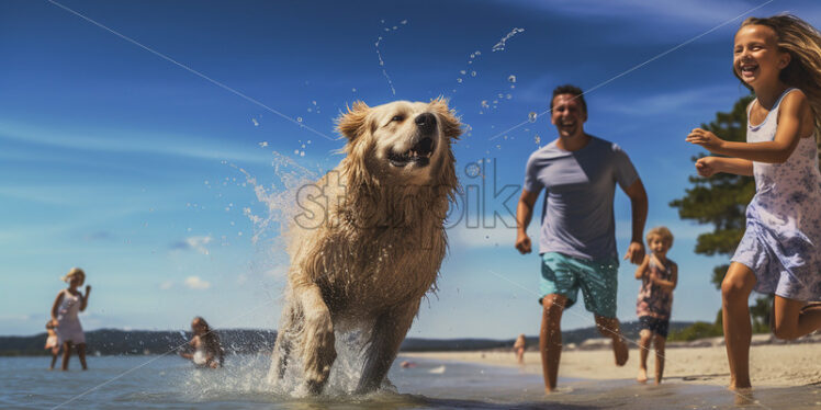 Family of five playing on the beach - Starpik Stock