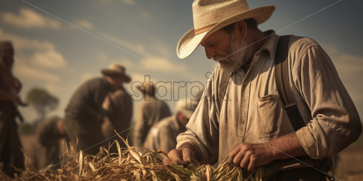 Farmers collecting harvest. Harvest time. - Starpik Stock