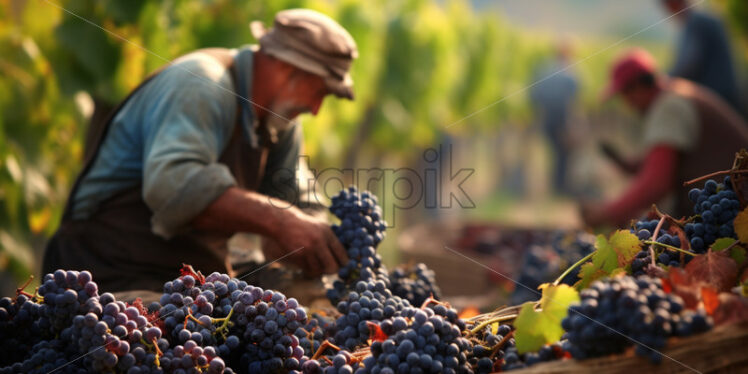 Farmers picking wine grapes. Harvesting season - Starpik Stock