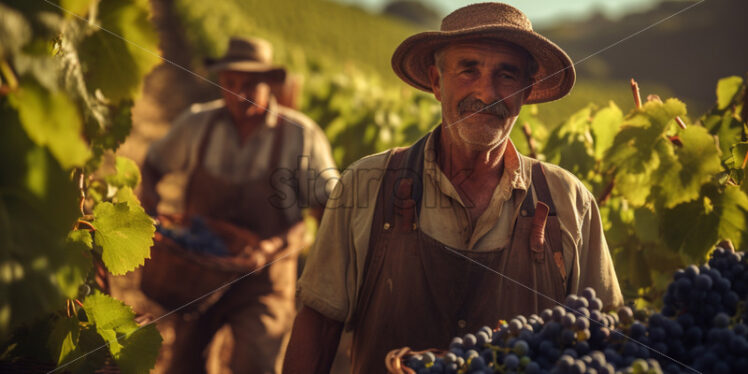 Farmers picking wine grapes. Harvesting season - Starpik Stock