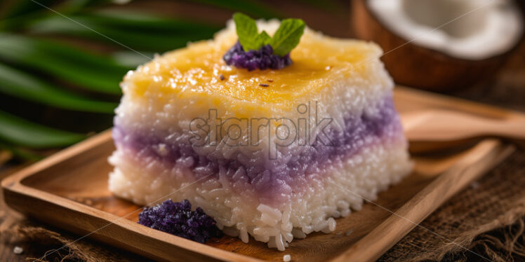 Filipino layered rice and coconut dish, featuring a white coconut layer and a vibrant purple ube layer - Starpik Stock