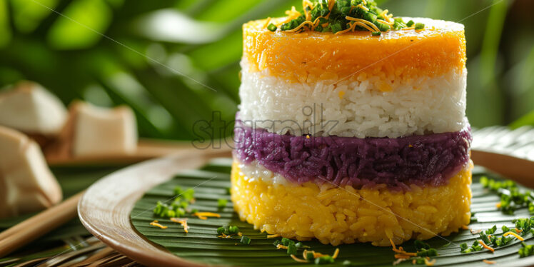 Filipino layered rice and coconut dish, featuring a white coconut layer and a vibrant purple ube layer in the native style - Starpik Stock