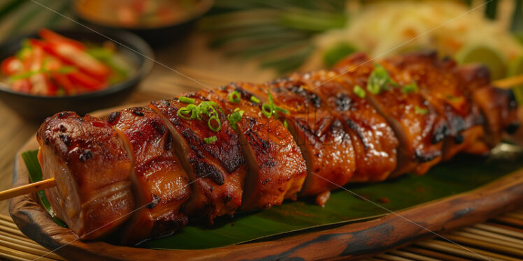 Filipino pork belly, showcasing a whole roasted belly pig skewered on bamboo, with crispy golden skin inviting a feast for the senses - Starpik Stock