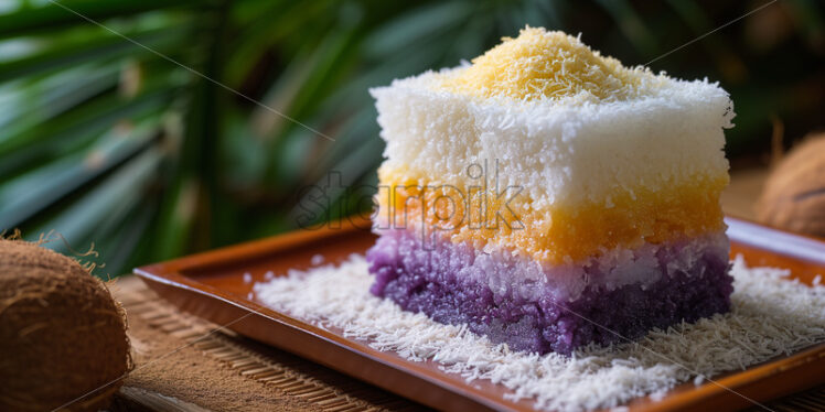 Filipino sapin-sapin, featuring diamond-shaped layers of rice and coconut, with vibrant white for coconut, rich purple for ube, and sunny yellow for jackfruit, elegantly seated on a bed of coconut pulp. - Starpik Stock