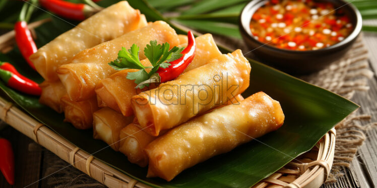 Filipino spring rolls filled with vegetablles with green chili pepper, served with a side of vinegar and red chili pepper dipping sauce - Starpik Stock