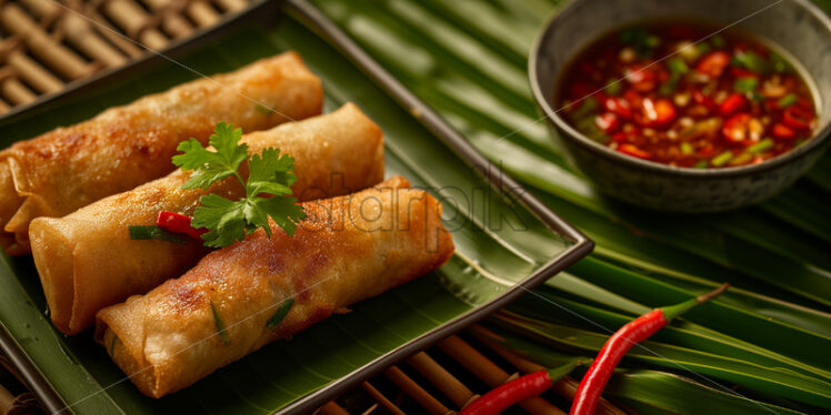 Filipino spring rolls with green chili pepper, served with a side of tangy vinegar and red chili pepper dipping sauce - Starpik Stock