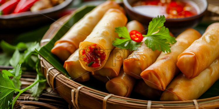  Filipino spring rolls with green chili pepper, served with a side of tangy vinegar and red chili pepper dipping sauce - Starpik Stock