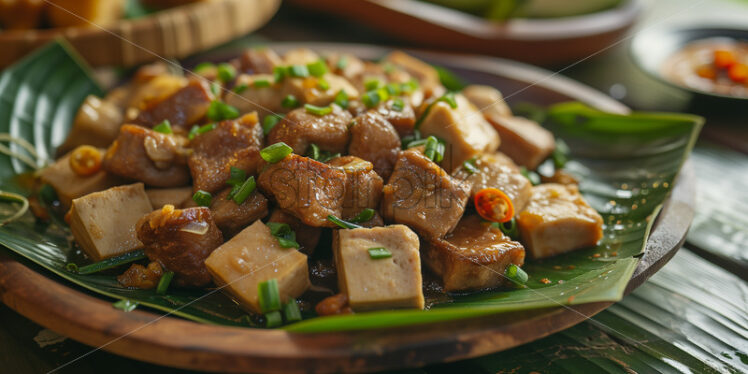 Filipino tofu and pork dish, professionally captured in native style, presented on a wooden bowl adorned with banana leaves - Starpik Stock