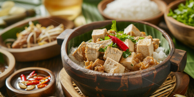 Filipino tofu and pork dish, professionally captured in native style, presented on a wooden bowl adorned with banana leaves, creating a harmonious blend of traditional aesthetics and culinary artistry. - Starpik Stock