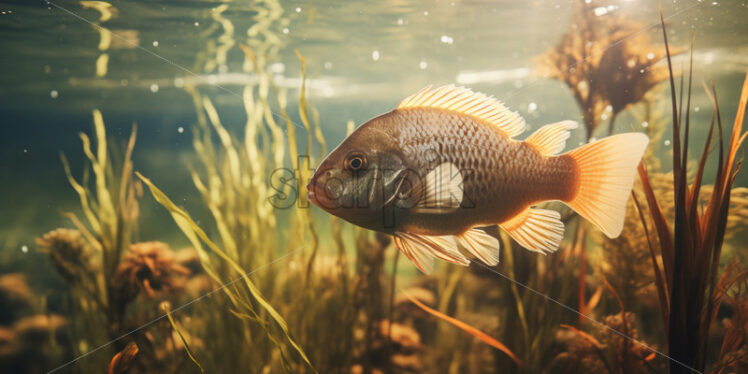 Fish swimming underwater close up with  seaweed.Marine life - Starpik Stock