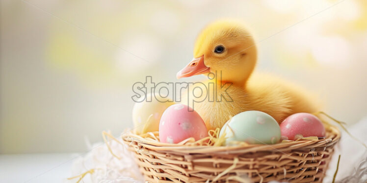 Fluffy duckling sitting in an Easter basket  - Starpik Stock