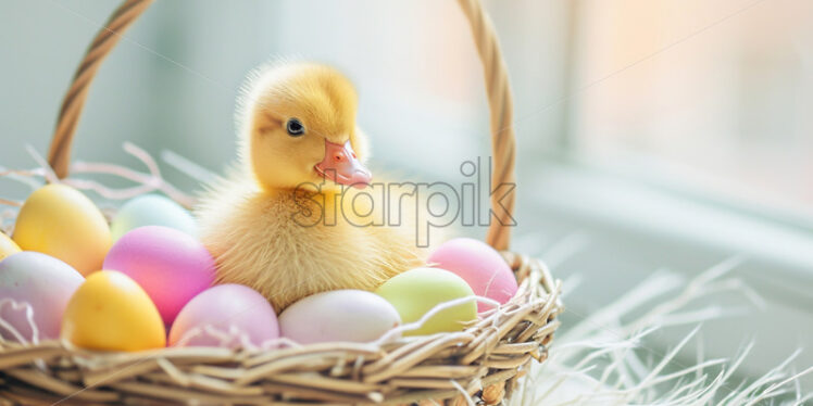 Fluffy duckling sitting in an Easter basket  - Starpik Stock