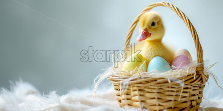 Fluffy duckling sitting in an Easter basket  - Starpik Stock