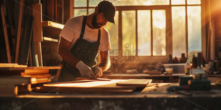 Focused middle-aged carpenter, measuring wood frame - Starpik Stock