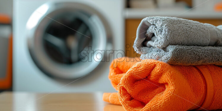 Freshly washed towels on the background of a washing machine - Starpik Stock